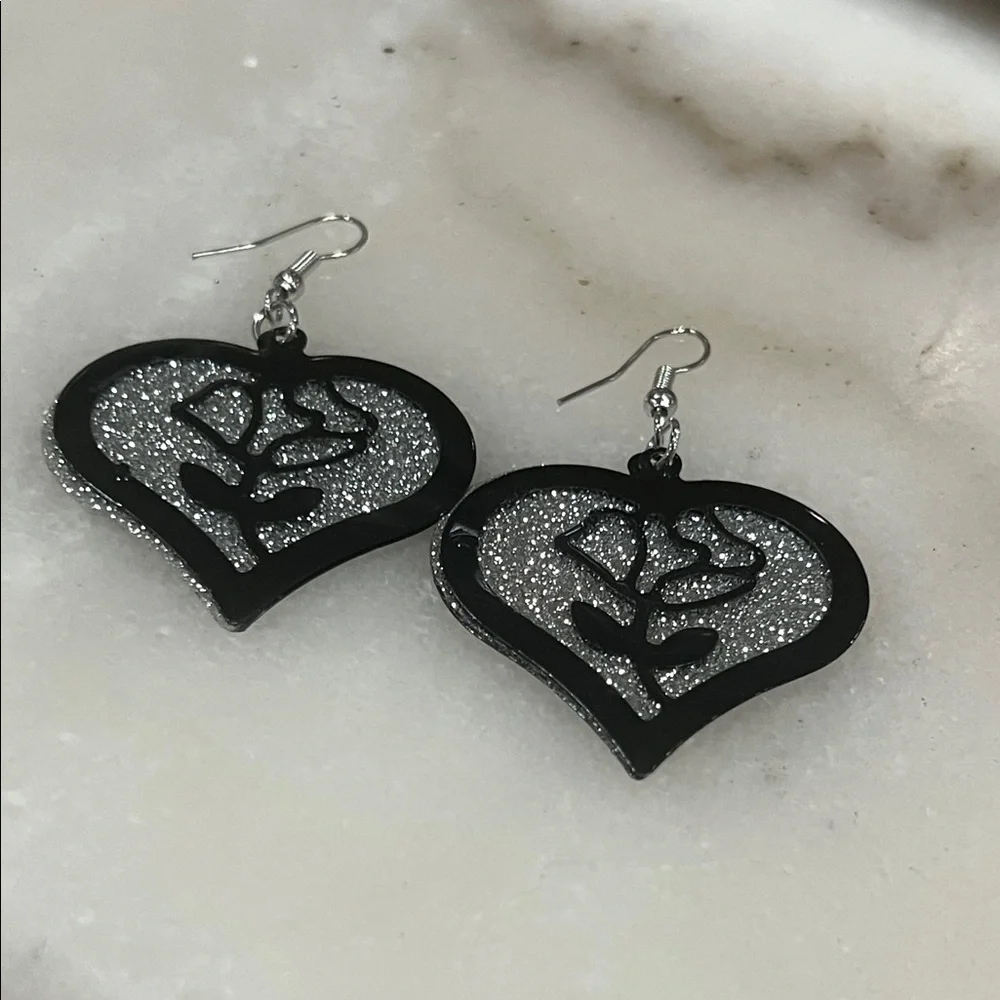 Sparkling Black and Silver Heart Earrings